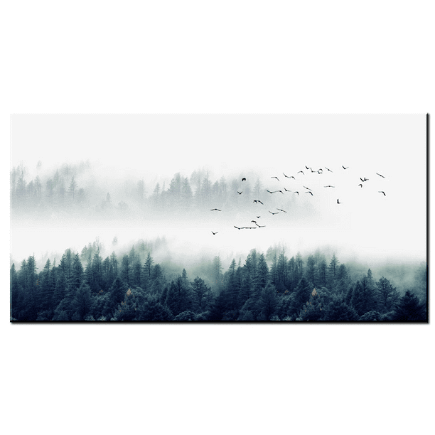 Foggy Forest Wall Art Mountain Landscape Painting Birds Artwork Canvas Wall Decor For Bedroom Office Framed Ready To Hang Walmart Com Walmart Com