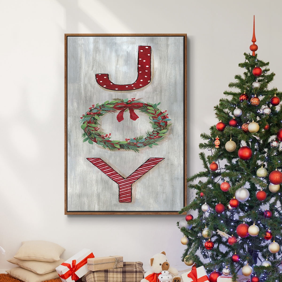 Joy - Framed Gallery Wrapped Holiday Canvas - 25 x 37 - Rosewood Frame
