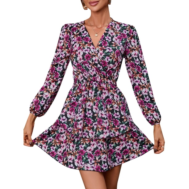 Vestido, Vestido de manga larga para mujer Mini vestido floral vintage de vacaciones Abanopi Morado/XX-grande