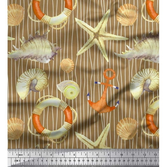 Soimoi Brown Moss Georgette Fabric Stripe,Seashell & Starfish Ocean Print Fabric by the Yard 42 Inch Wide