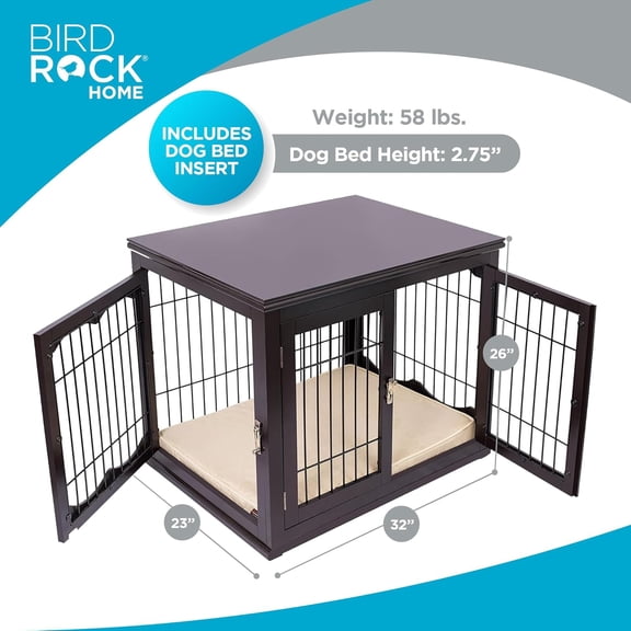 Decorative Dog Kennel with Pet Bed, Small Pet House, Double Door Indoor Crate, Engineered Wood & Wire Furniture, Side Table & Nightstand, Fits Small Dogs - Espresso