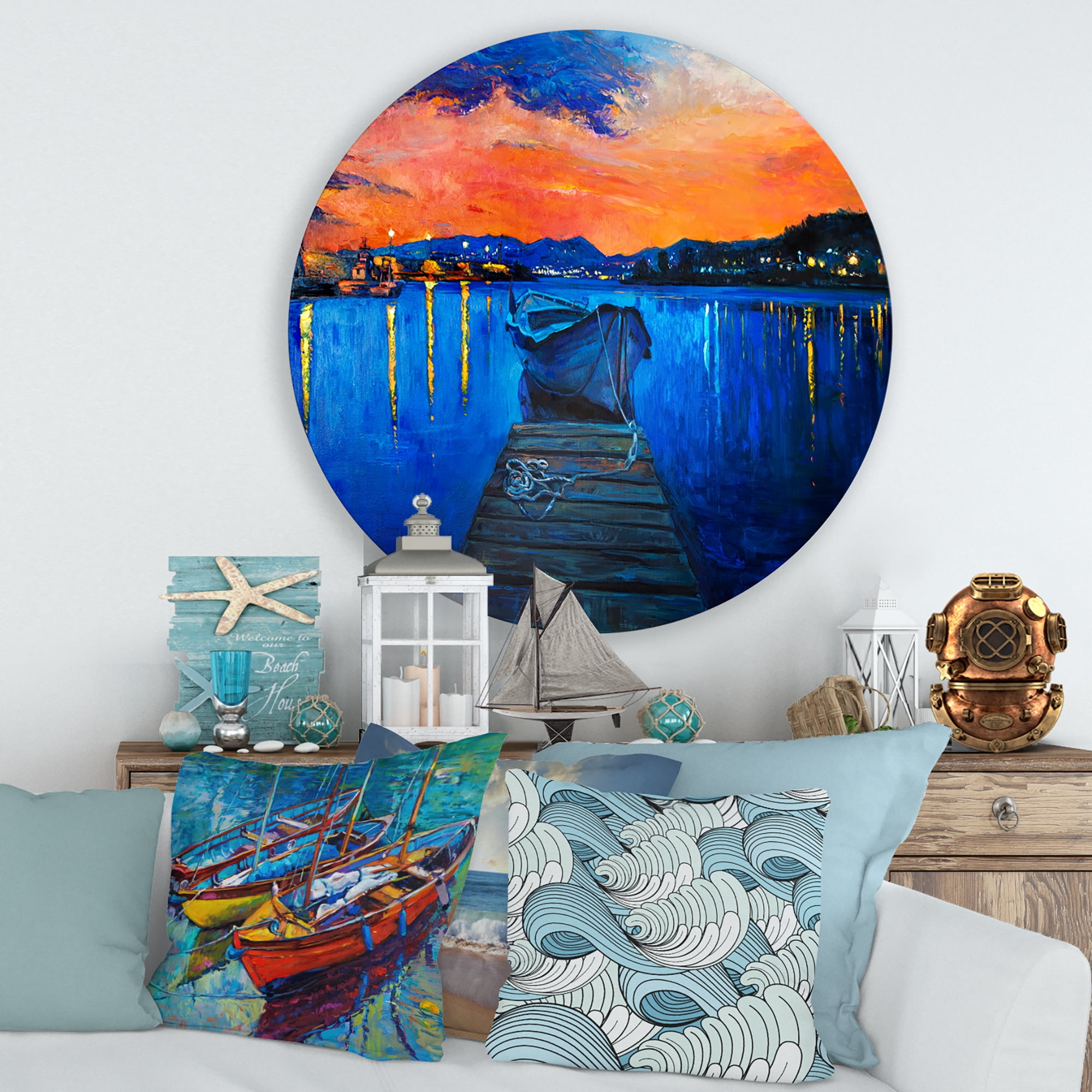 Designart 'Boats During Warm Sunset Resting On The Water III' Nautical & Coastal Circle Metal Wall Art 36x36 - Disc of 36