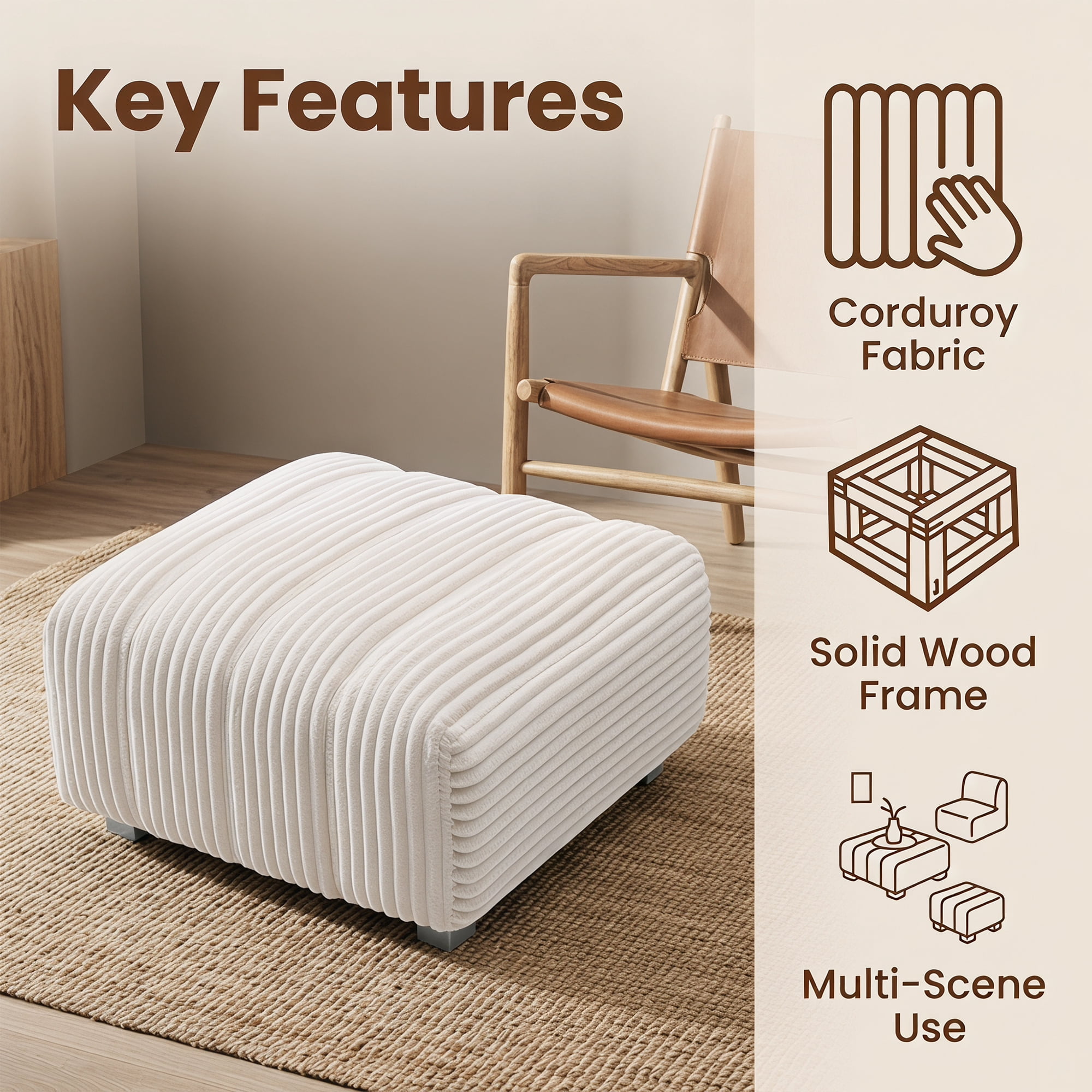 Corduroy Sofa Ottoman,High-Density Foam, Solid Wood Frame, Cloud-Like Comfort
