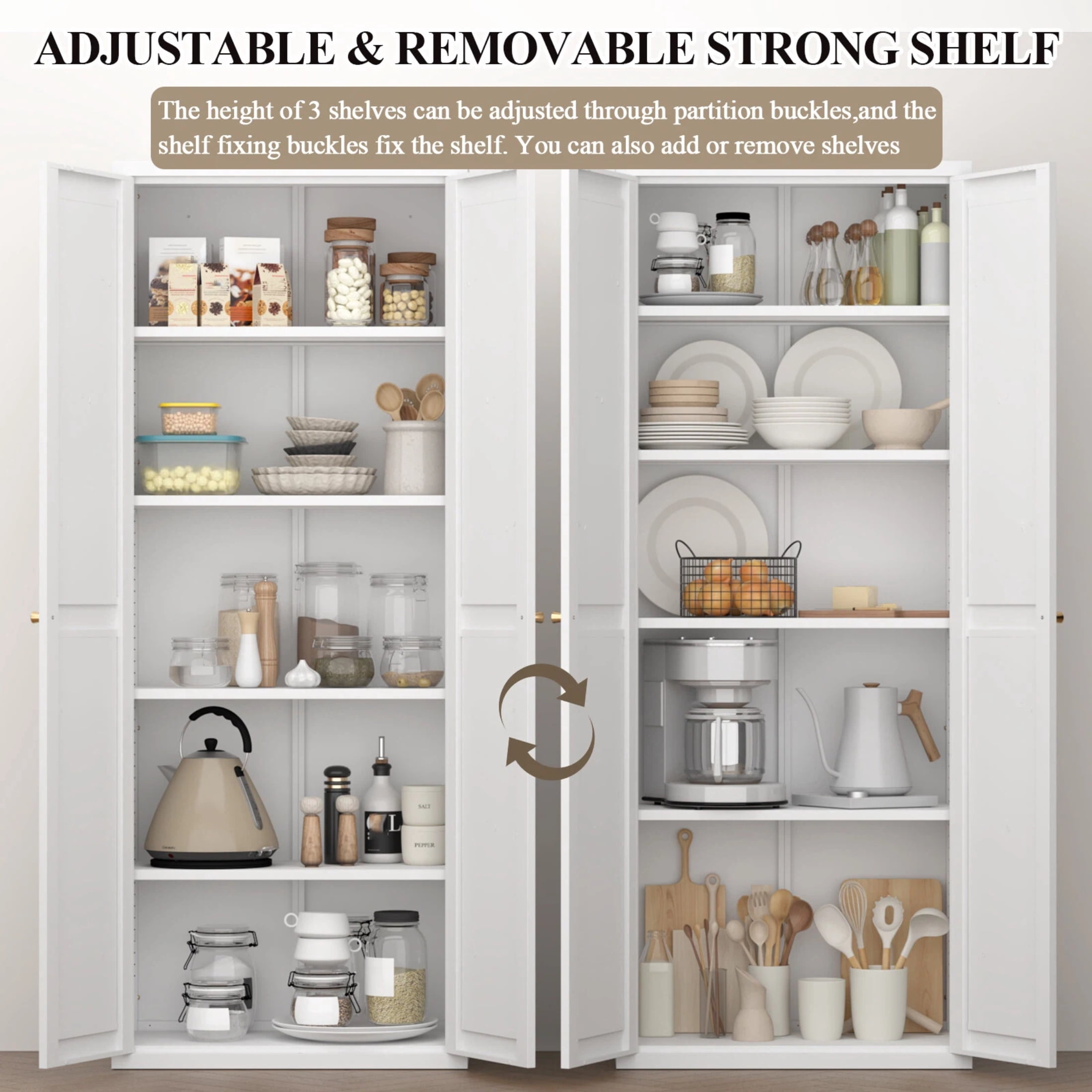 AISWORD 71 Inch Metal Kitchen Pantry Cabinet, Freestanding Storage Cupboard with 4 Adjustable Shelves, 5-Tier Tall Storage Cabinet for Kitchen Bathroom Laundry Garage, White