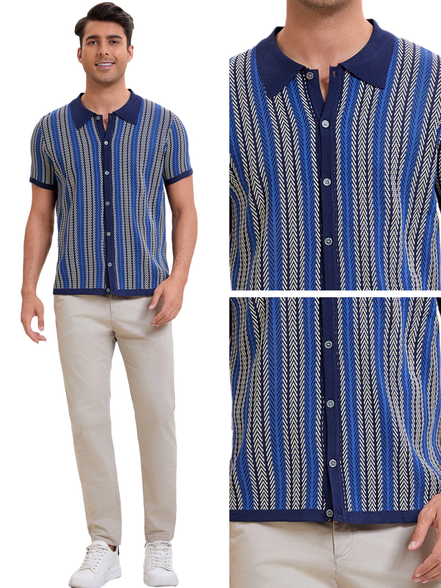 DARING DIVA Men's Striped Short Sleeves Button Down Jacquard Polo Shirts L Dark Blue
