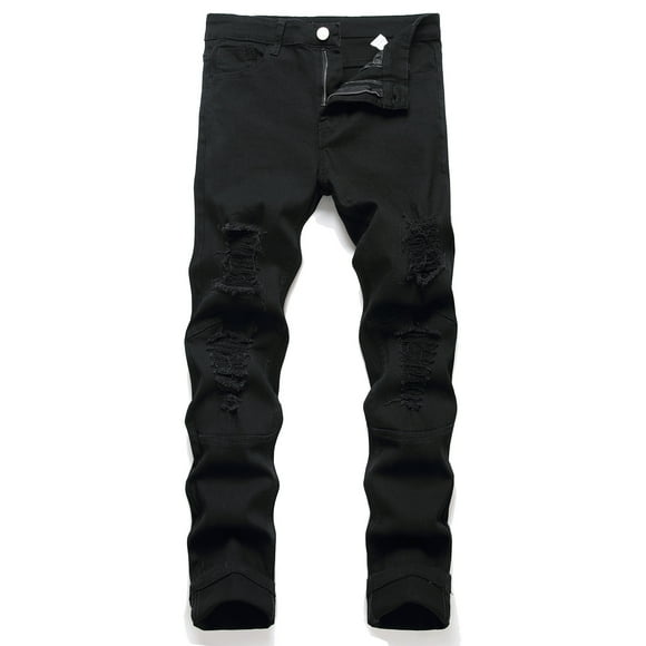 Viluyesy Men's Denim Jeans Zipper Casual Pants Straight Leg Solid Jogger Pants Black L