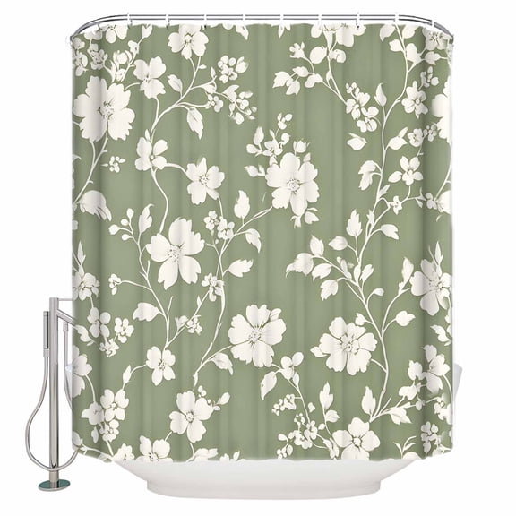 Small Stall Shower Curtain 36x72 Inch Narrow Half Size White Spring Floral Bath Curtains Bathroom Decor Summer Flowers Sage Green Pastoral Waterproof Fabric Shower Curtain Set with Hooks 36 Inch