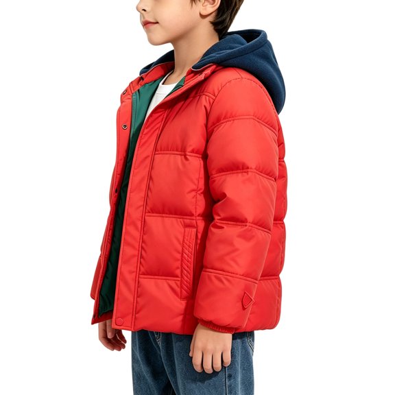 Fesfesfes Boys Detachable Hood Puffer Jacket Full Zip Winter Coat, Solid Color Warm Outdoor Outerwear for Kids School Daily Wear Ages 3-12 Years