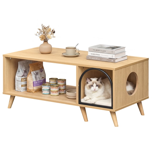 Gymax 40'' Coffee Table w/ Cat House 2-in-1 Farmhouse Cat Furniture Coffee Table