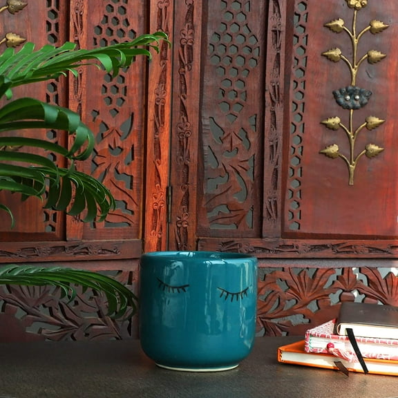 India Meets India Ceramic Eyes Planter/Pot [Blue], Decorative Planter for Home Décor/Living Room/Office/Table Top/Dining Area and Windowsill Décor, 5 x 4 inches
