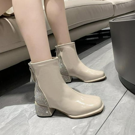 

ERTUTUYI Women Ankle Boots Autumn And Winter Fashion Square Toe Short Boots Comfortable Square Heel Zipper White 37