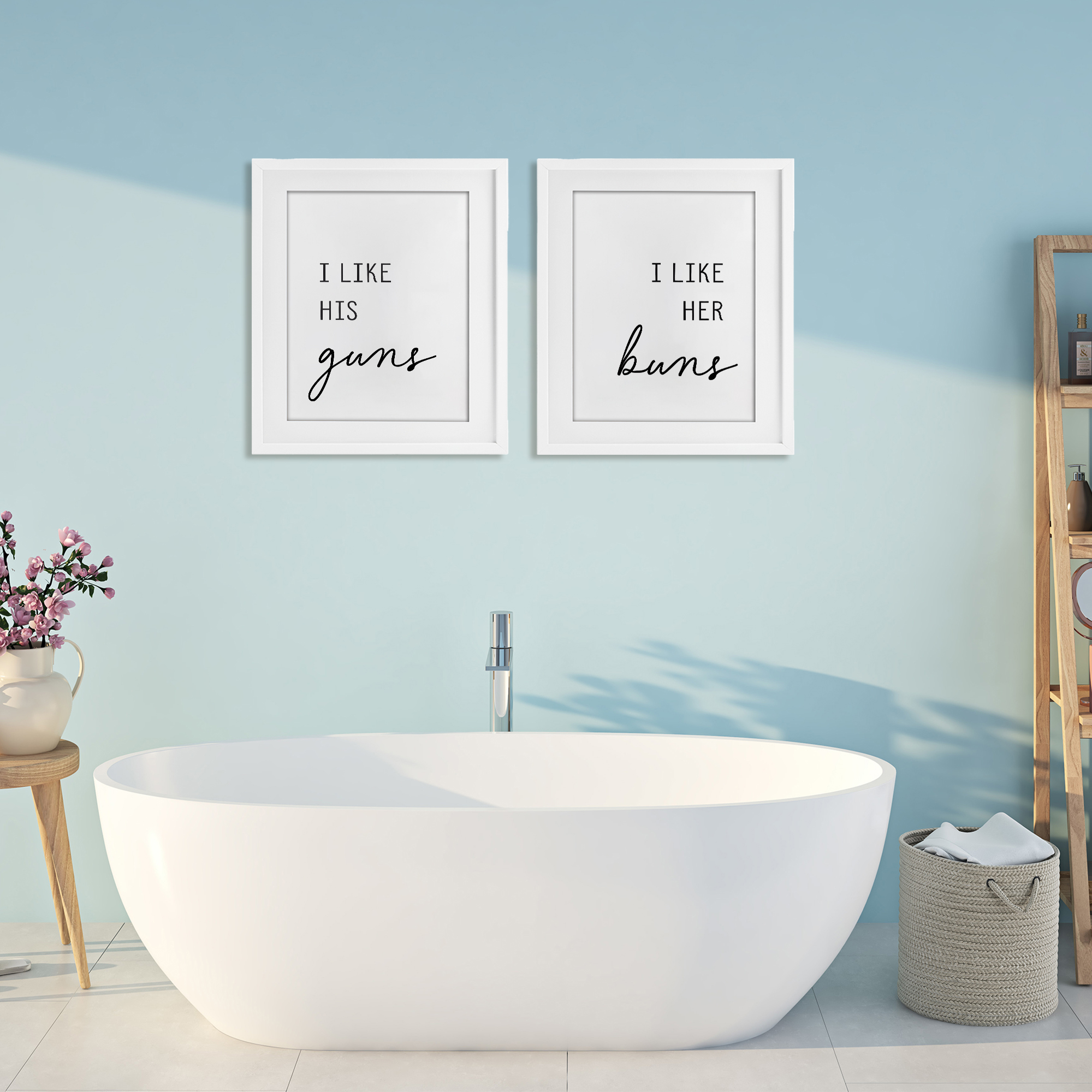 Like His Guns & Her Buns 2 Piece White Framed Print Under Glass Set, design by Lettered and Lined