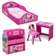 Disney Minnie Mouse 4-Piece Room-in-a-Box Bedroom Set by Delta Children - Includes Sleep & Play Toddler Bed, 6 Bin Design & Store Toy Organizer and Art Desk with Chair