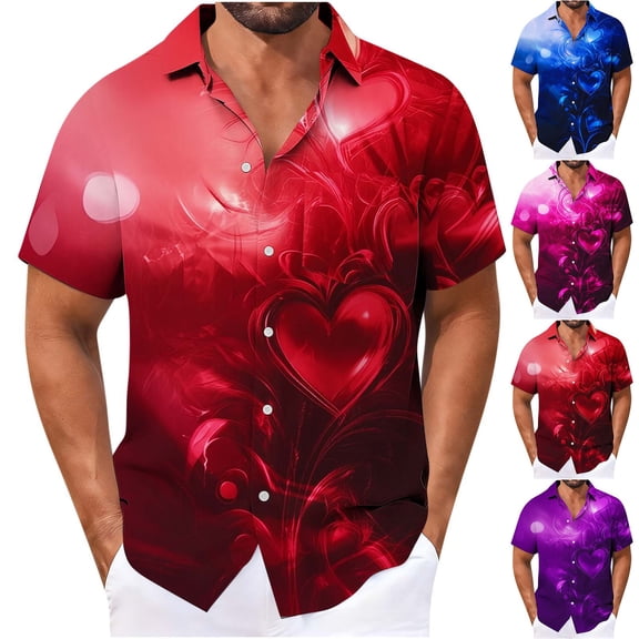 UVEASISHA Mens Valentines Day Hawaiian Shirt Big and Tall Fashion Heart Print Button Down Shirts Regular Fit Casual Short Sleeve Party Shirt Red 5XL