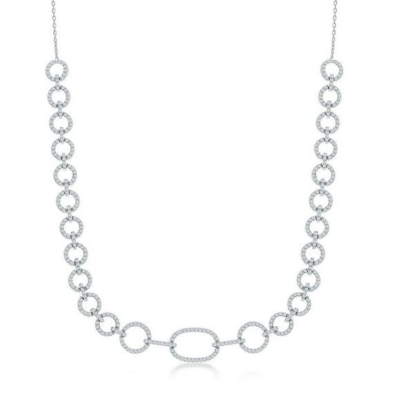 Circle Linked Chain with Cubic Zirconia Sterling Silver 16 2’’ Necklace Jewelry for Women or Teens
