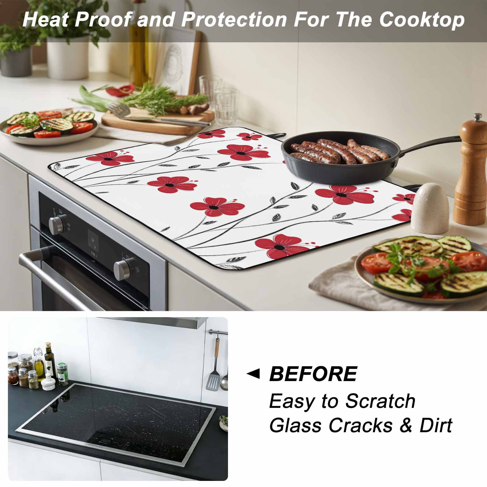 Red Floral Spring Stove Top Cover for Electric Stove, Heat-proof & Non Slip Glass Top Stove Cover Protector, Summer Botanical Pastoral Elegant Kitchen Flat Cooktop Rubber Mat 24x21 Inches