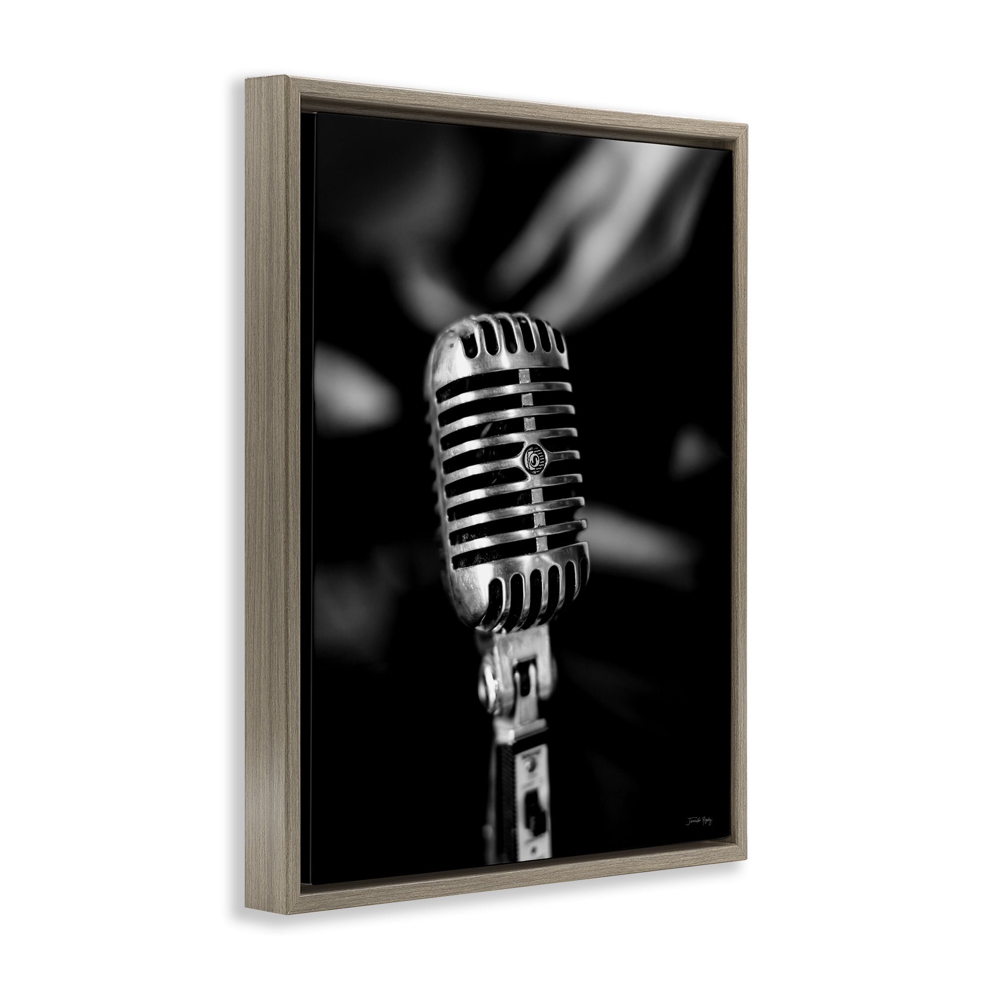 Stupell Industries Vintage Microphone on Black Entertainment Painting Brown Floater Framed Canvas Art Print Wall Art, 17 x 21