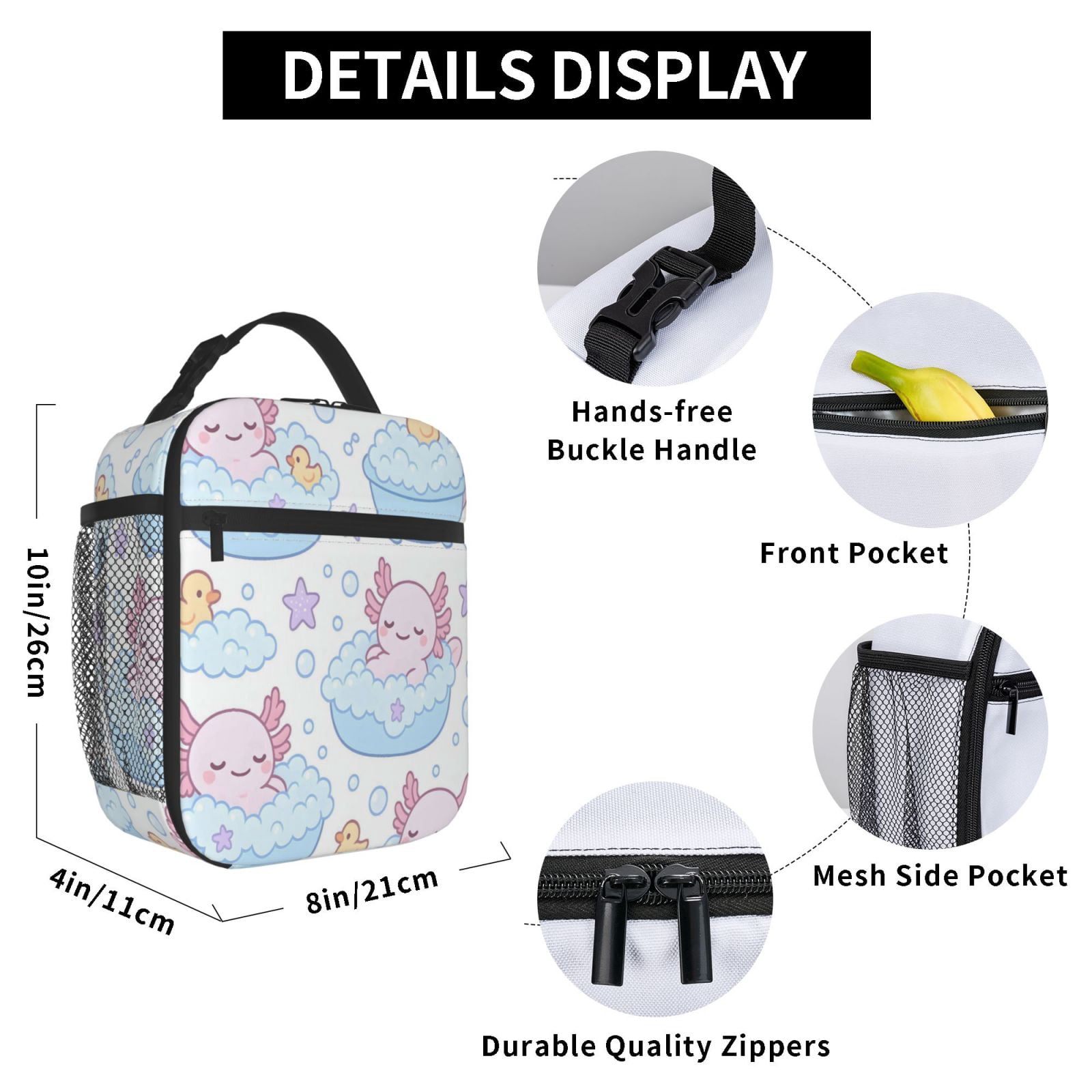 Lunch Bag For Women Men Insulated Portable Lunch Box Bento Box Office Picnic Travel Cooler Bag Bubble Bath Axolotls - Pastel Daydream