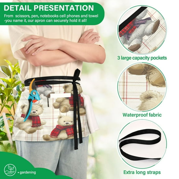 YAZAOO Aprons with Pockets for Server Aprons with 3 Pockets Water Resistant Half Waist Apron Bear Charmin