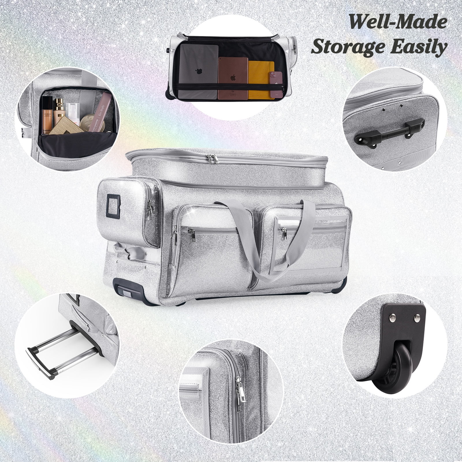 Dance Bag with Garment Rack, Glitter Silver 28" Dance Competition Must Haves Garment Bags for Travel, Costumes Rolling Garment Bag For Travel Collapsible Suitcase for Dancers Performers Recital