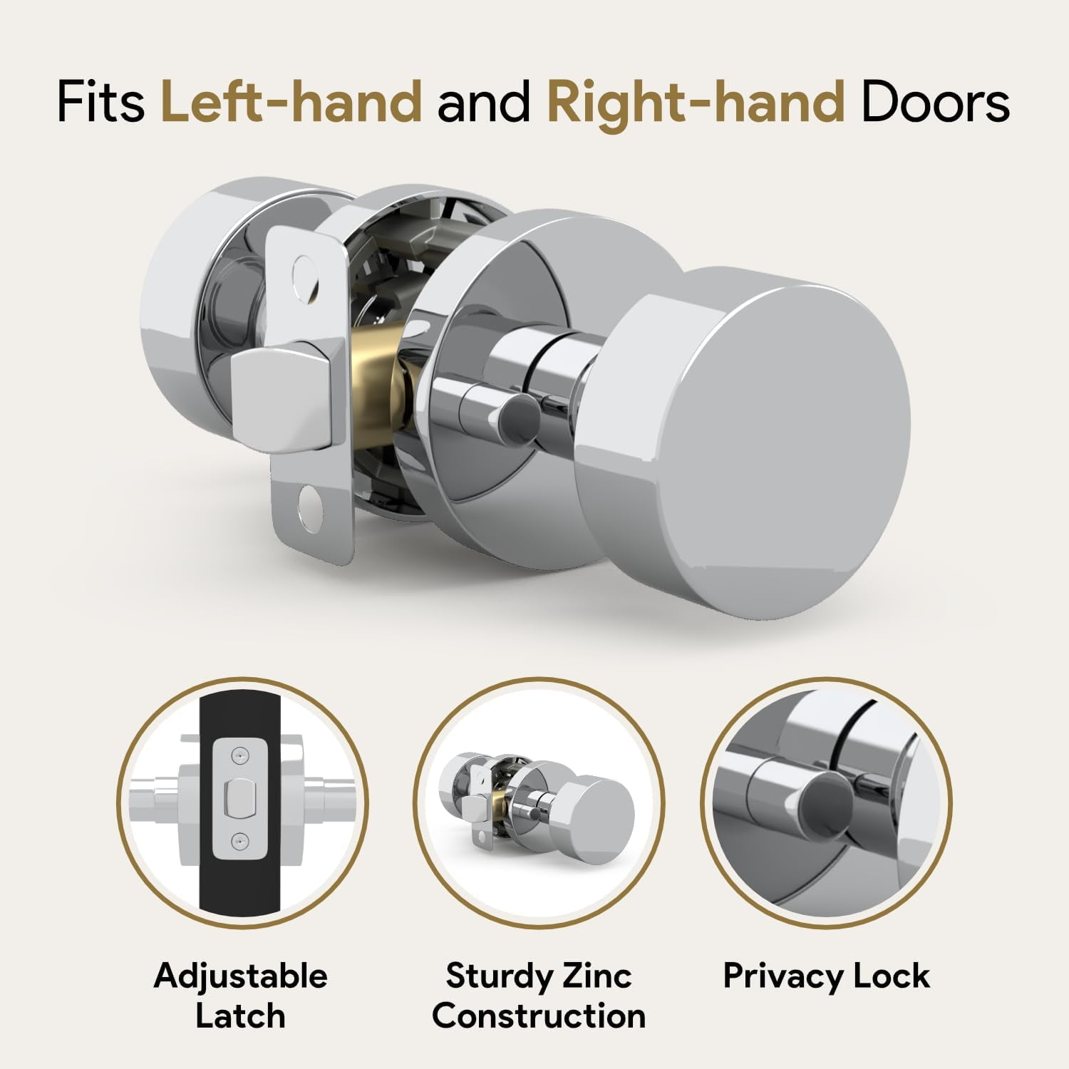 Mega Handles | Buena Privacy Door Knob | Reversible Heavy Duty Design for Hallway, Closet, Bathroom | Fits All Standard Door Sizes