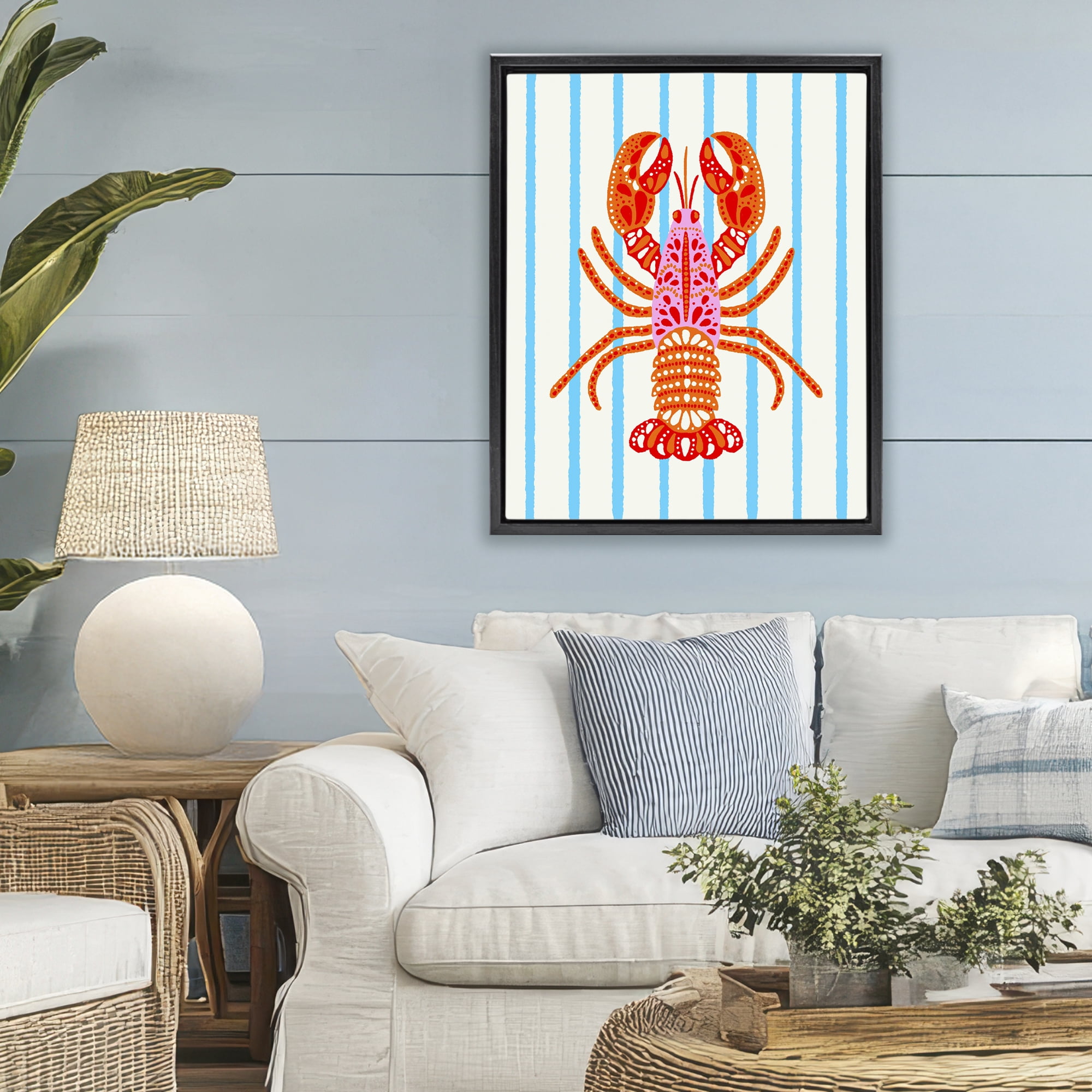 Stupell Industries Bright Boho Lobster on Stripes Black Framed Floater Canvas Wall Art, design by Indira Prieto | IndySign