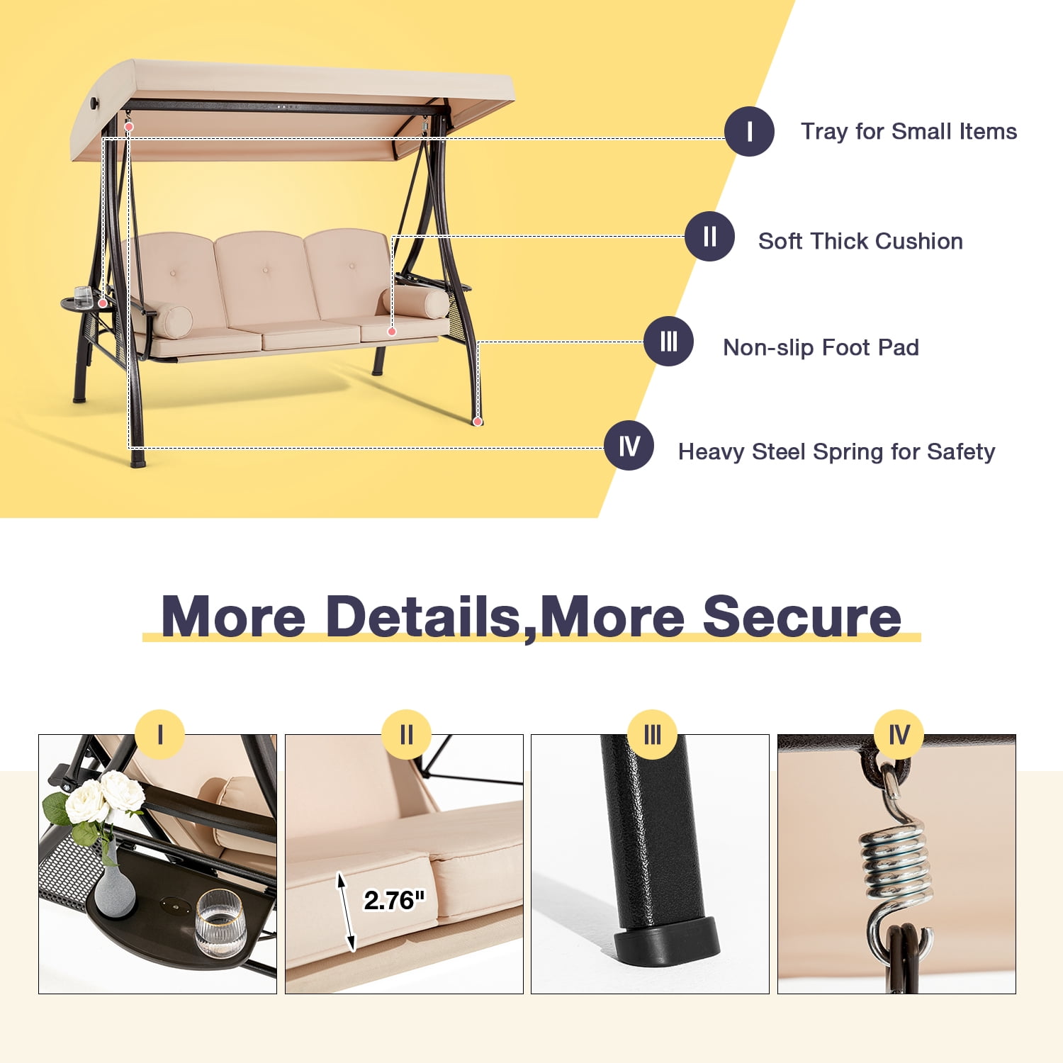 HOMREST 3-Seat Outdoor Porch Swing with Adjustable Canopy and Backrest, Patio Swing Chair with Weather Resistant Steel Frame,Comfortable Cushions for Balcony,Garden,Deck and Poolside