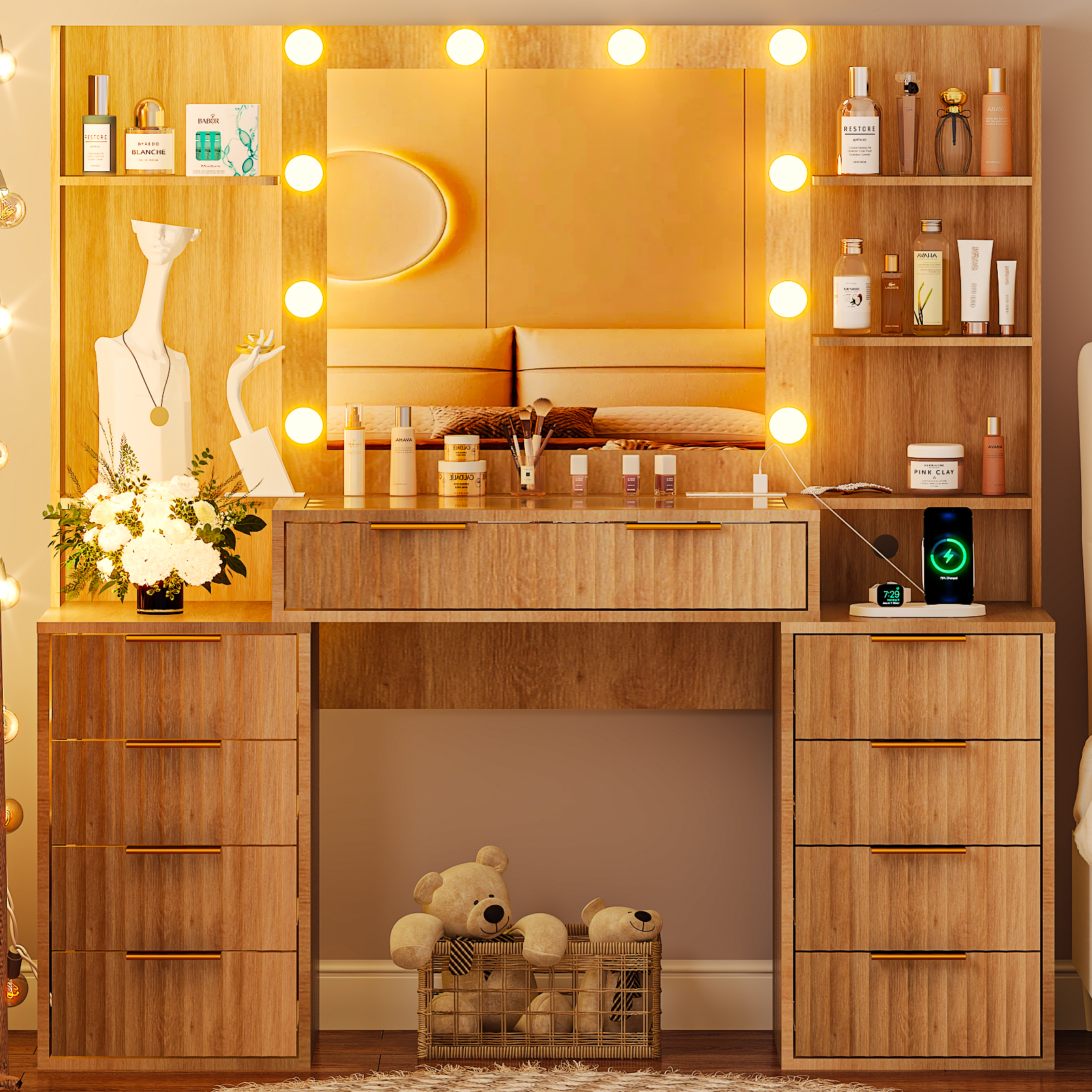 Ktaxon Large Makeup Vanity with 9 Drawers, Flutted Vanity Table Set with Lighted Mirror, Get Ready with Me, Wood Color