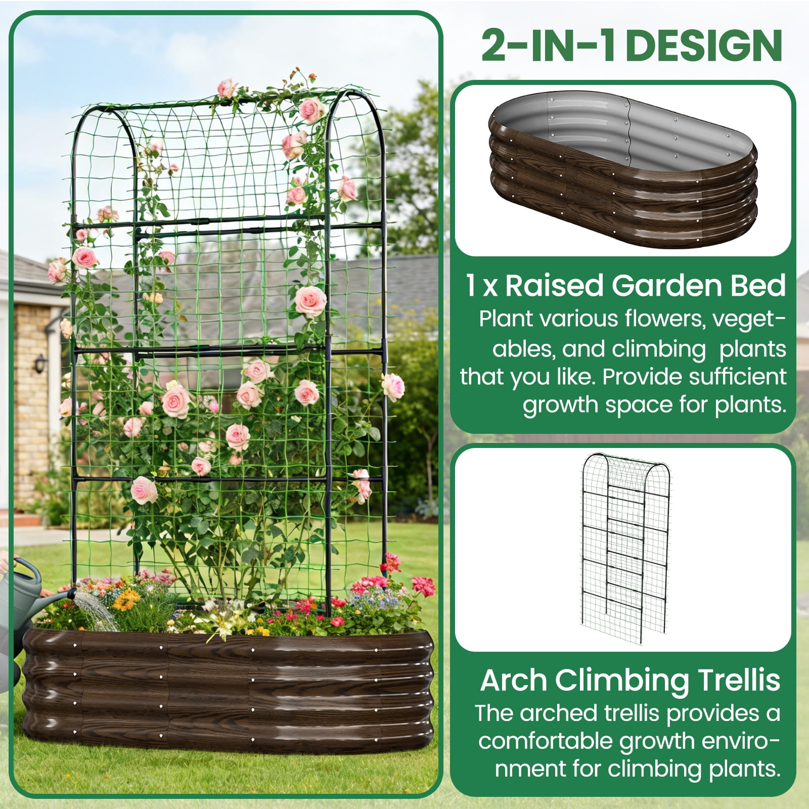 MOPHOTO 71inch Raised Garden Bed Arched Trellis Galvanized Planter Backyard Box Outdoor for Gardening,Climbing Vegetables,Plants,Flowers(Brown)