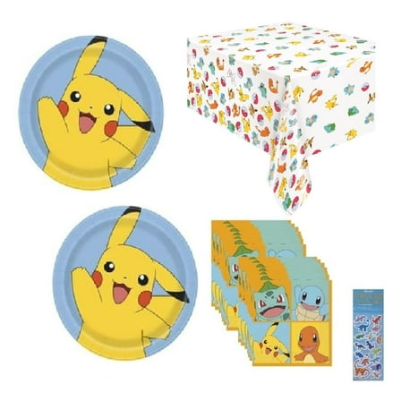 Pokemon Birthday Party Supplies Bundle includes 16 Large Lunch Plates, 16 Lunch Napkins, 1 Tablecover , 1 Dinosaur Sticker Sheet