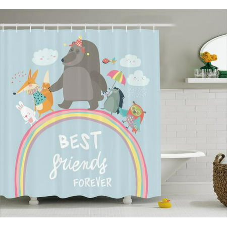 Kids Girls Shower Curtain, Best Friends Forever Quote with Happy Animals Walking on Rainbow Bear Fox Rabbit, Fabric Bathroom Set with Hooks, 69W X 84L Inches Extra Long, Multicolor, by
