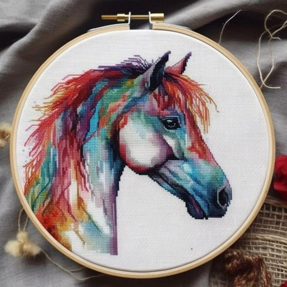 Counted Easy Cross Stitch Kits Horse Color Stamped Embroidery for Starter Kits DIY 11CT Stamped Patterns Embroidery Needlework Kit Supplies 12 Inch Hoop Included(57-f)