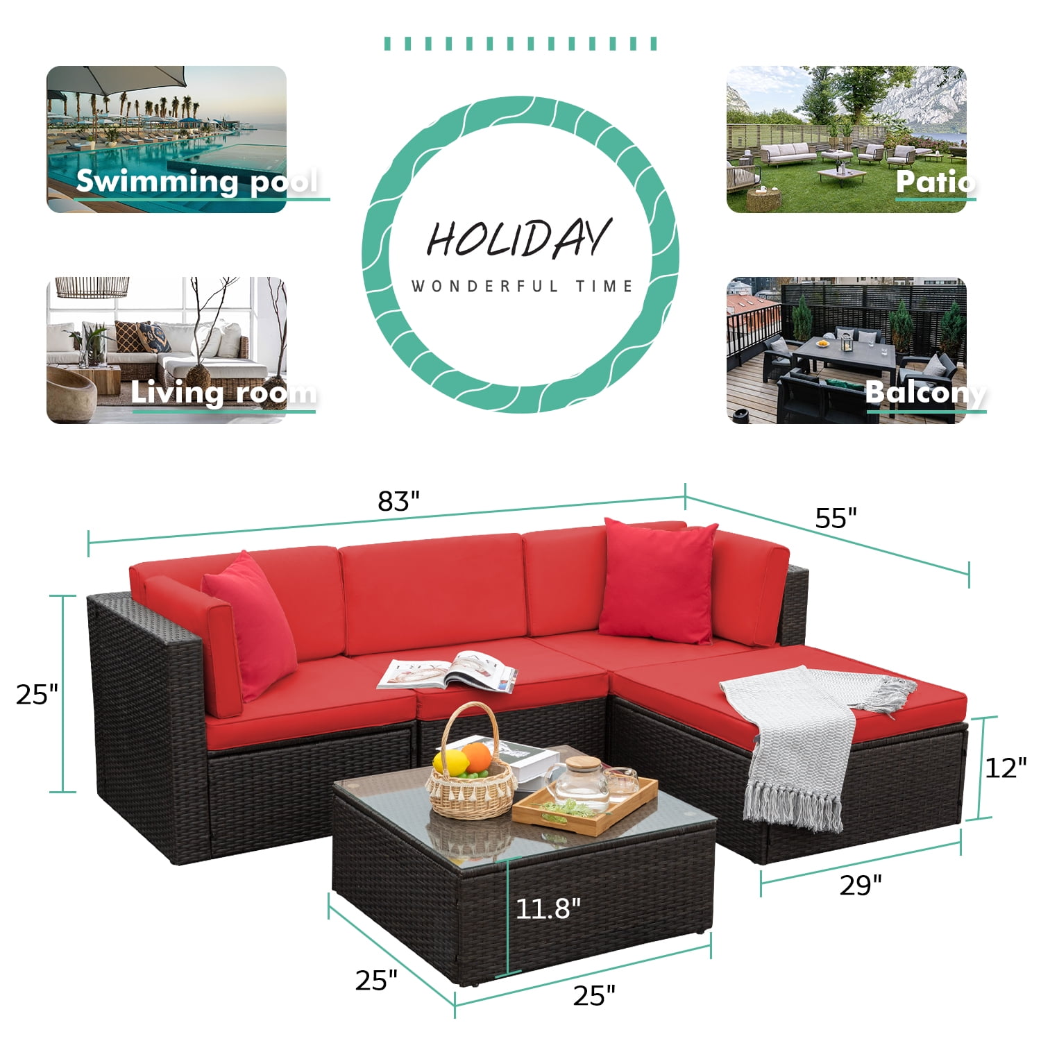 LACOO 5 Pieces Patio Conversation Set Rattan Outdoor Sectional Set with Chushions and Table(Red)