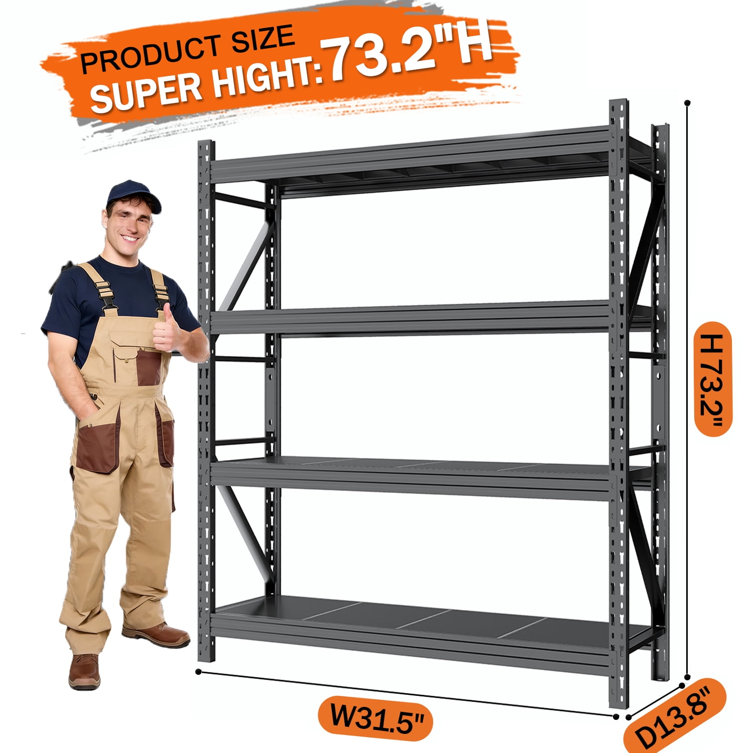 31.5"W Heavy Duty Storage Shelves, 2500LBS Metal Garage Shelving Units, 4 Tier Adjustable Large Industrial Shelves for Warehouse Workshop Basement (31.5"W x 13.8"D x 73.2"H)