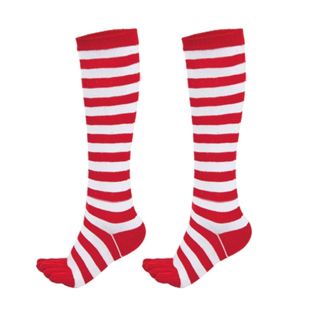 calcetines de 5 dedos con punta abierta para mujer y niña, medias de tubo alto de algodón transpirable con estampado de trébol a rayas de colores arcoíris Par de calcetines hasta la rodilla en rayas rojas y blancas, punta abierta que separa los cinco dedos y tejido de punto de algodón elástico; vista frontal centrada sobre fondo blanco. Atractivos para combinar con minifalda o shorts y apropiados como regalo informal.