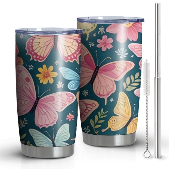 20oz Tumblers Pink Butterfly Rose Daisy Green Pattern Stainless Steel Vacuum Insulated Double Wall Travel Tumbler Cups Mug with Lid and Straw,Cleaning Brush for Cold & Hot Drinks