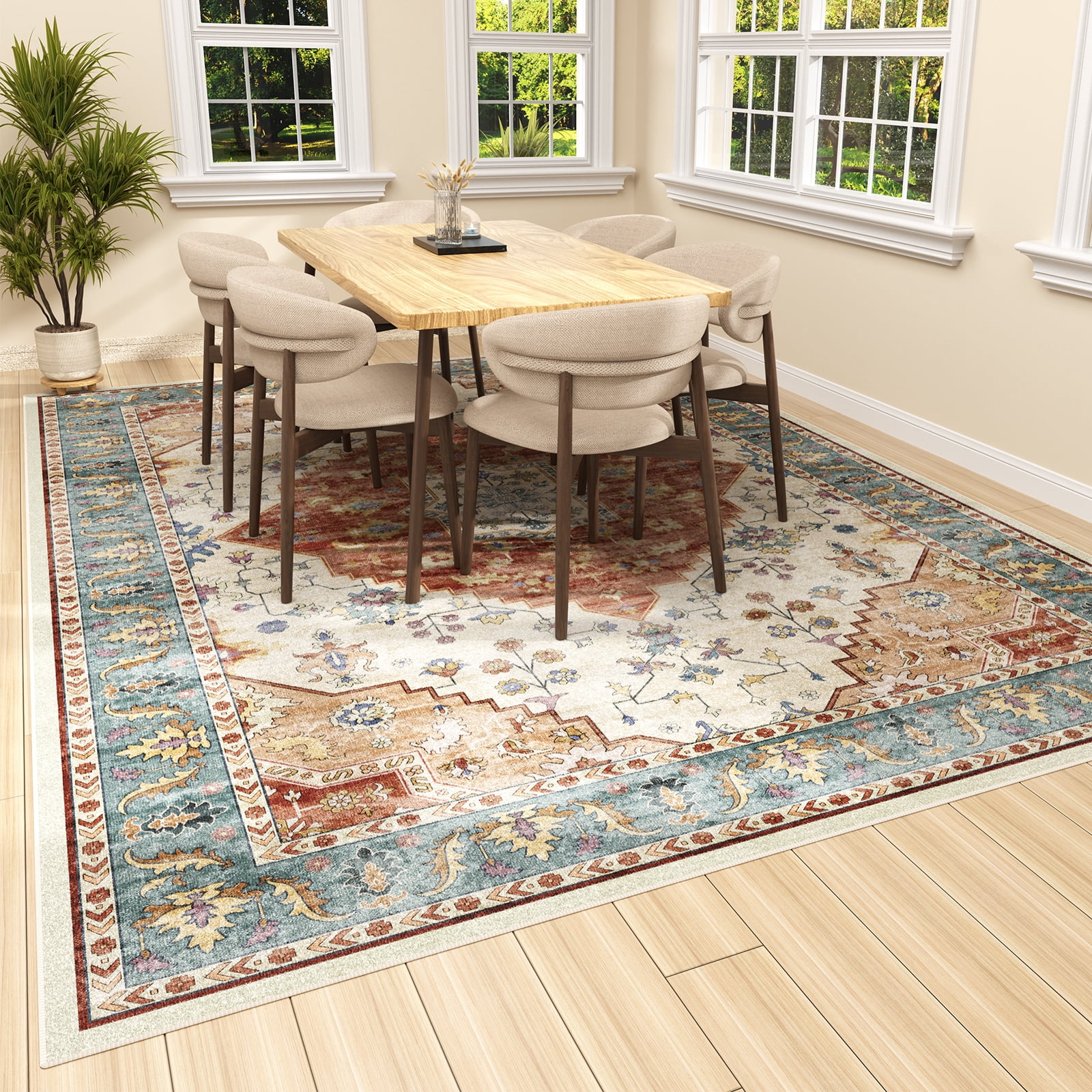 Washable Area Rug for Living Room, NovDeco 9'x12' Non-Slip Vintage Print Persian Indoor Rug, Stain Resistant Carpet for Bedroom, Kitchen, Brick Red