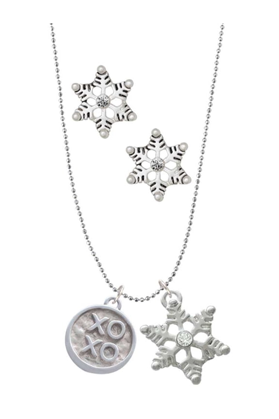 Silvertone XOXO - Round Seal Silver tone Snowflake Charm Necklace and Stud Earrings