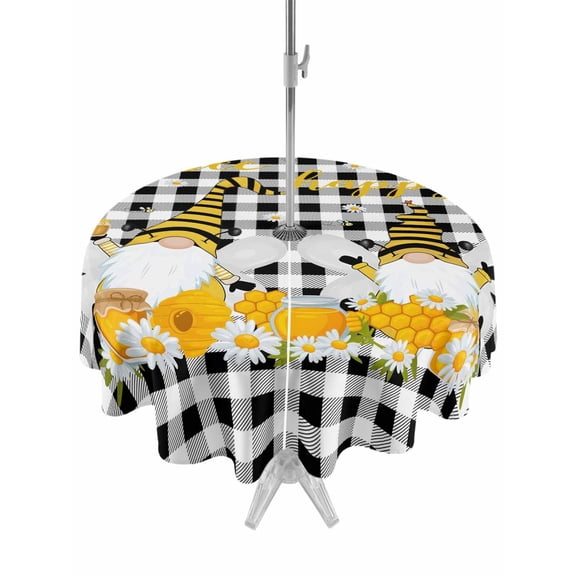 Outdoor Tablecloth with Umbrella Hole and Zipper, Daisy Bees Gnomes Round Table Cloth 54 Inch Waterproof Tablecloth, Black White Plaid Farmhouse Picnic Table Cover for Patio Camping