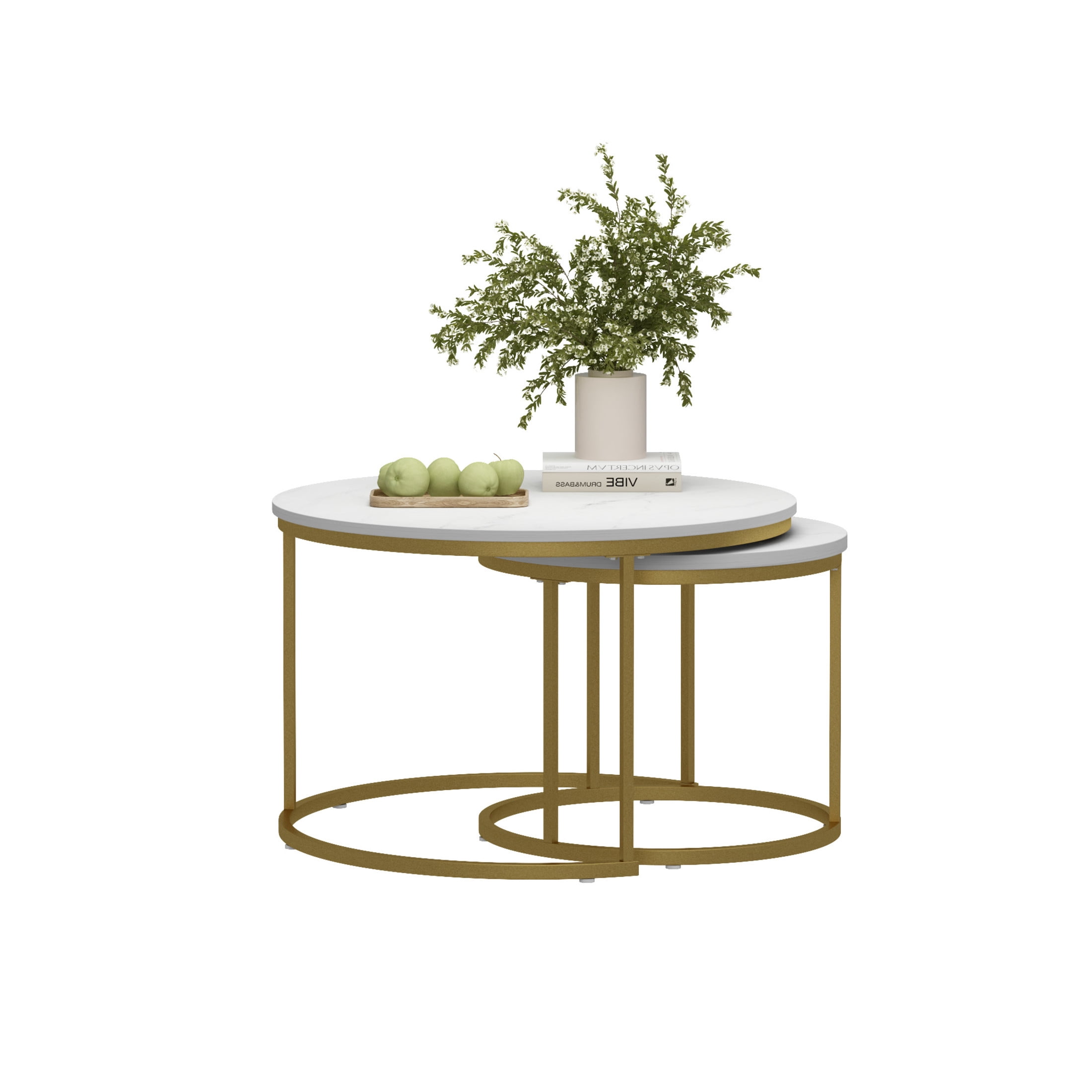 Noble House 27.6" Round Nesting Coffee Table with Marble Top, Wooden Side End Tables for Living Room, White, Set of 2