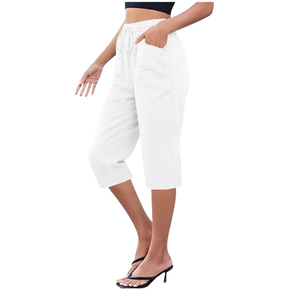VV AVEORS Cropped Linen Pants Women Baggy Drawstring High Waisted Below Knee Length Capri Pants Summer Casual Y2K Boho Beach Capris White 2XL