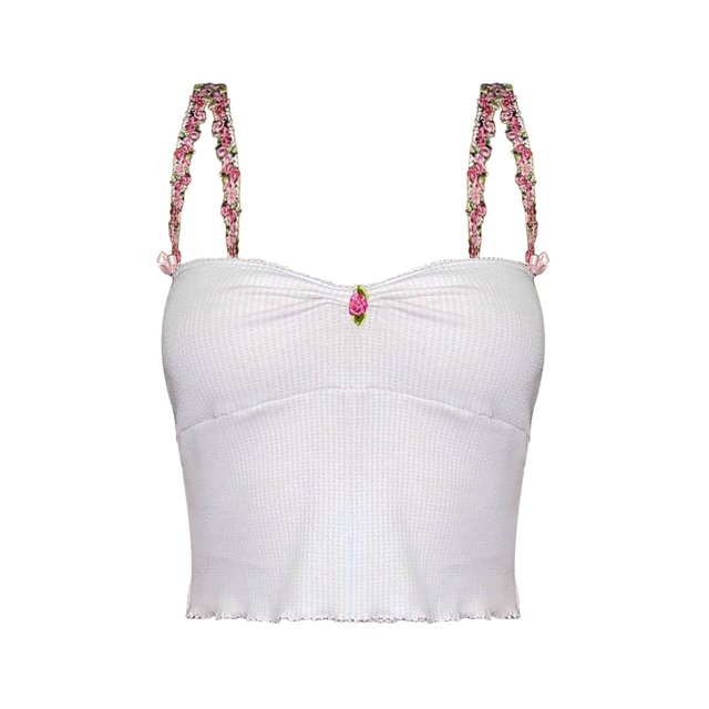 Gibobby Camiseta sin mangas con tirantes de flores 3D con pliegue en el pecho umbilical abierto corto sexy de ocio de verano para mujer(Blanco,M)