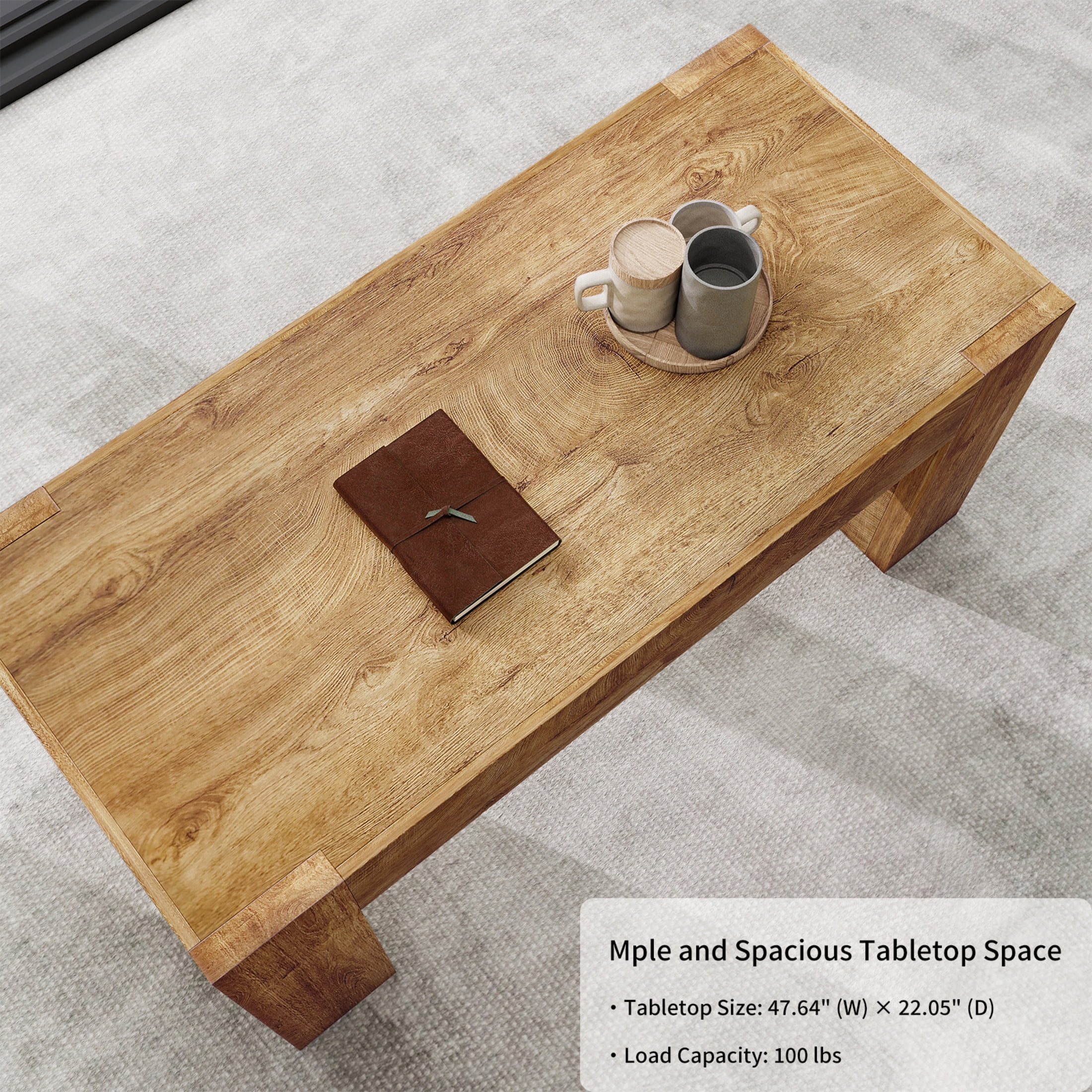 Noble House 48" Farmhouse Living Room Coffee Table, Rectangle Wooden Center Table with Hidden Storage, Natural