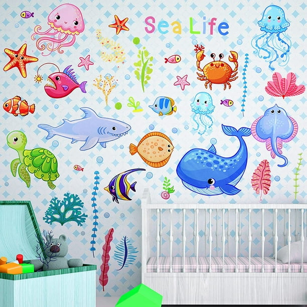 4 Sheets Colorful Ocean Life Wall Stickers Sea Creatures Wall