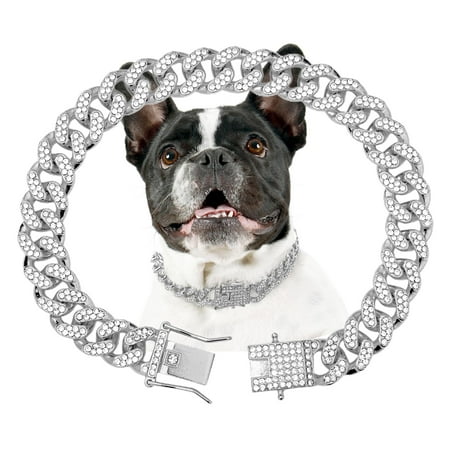 Dog Chain Collar Silver Dog Necklace Diamond Cuban Link Dog Collar 13mm Wide Metal Pet Cat Dog Chain Crystal Collar Jewelry Accessories for Large Medium Small Dogs Cats(Silver 18 Inch)