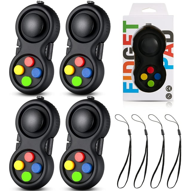 4 Pieces Fidget Game Controller Pad, Keychain Fidget for Adults Teens, Mini Handheld Cam Fidget Pad Cube Anxiety and Stress Relief Sensory Toy with 8 Fun Features and Lanyard (Charming Color)