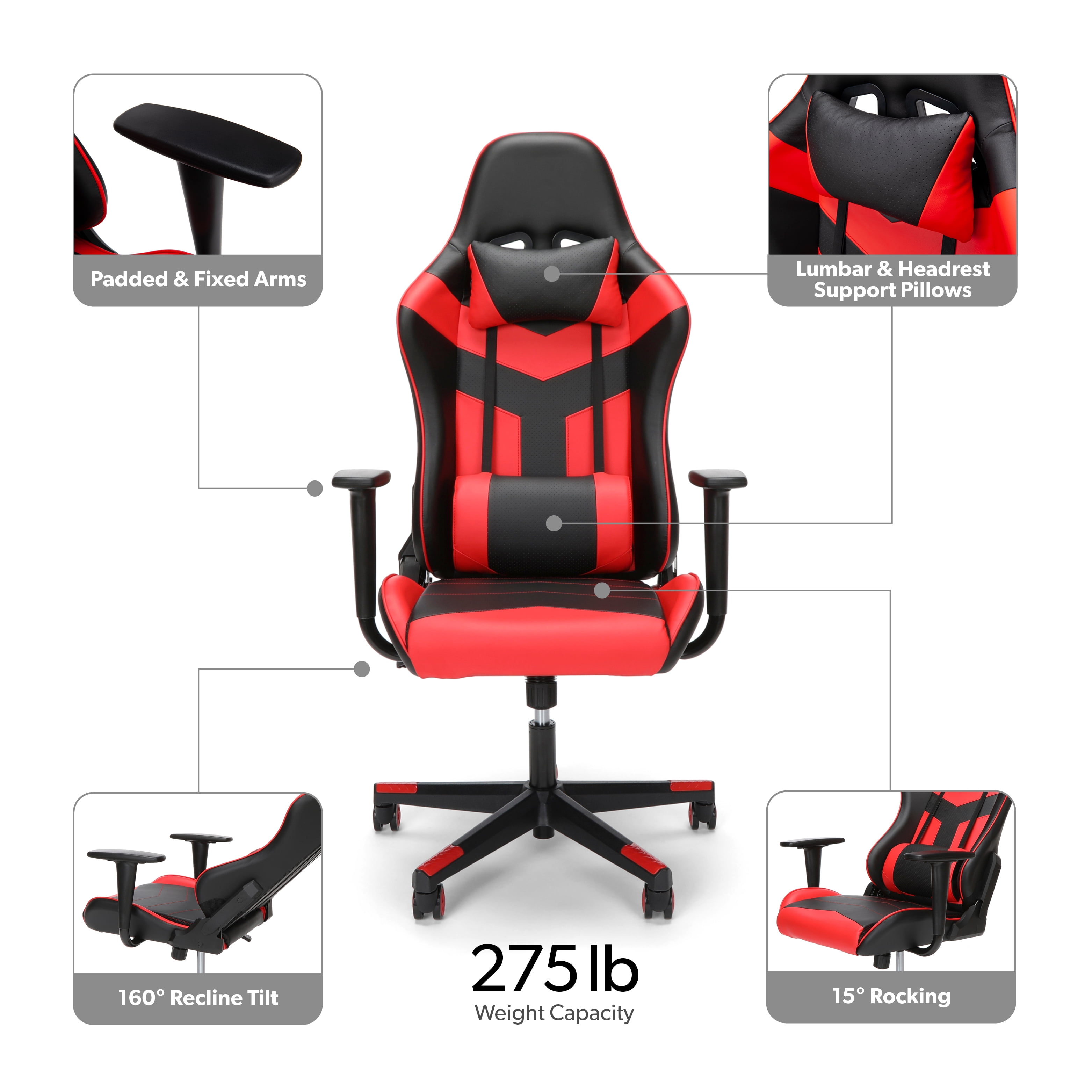 OFM Essentials Collection High Back PU Leather Gaming Chair, in Red (ESS-6075-RED)