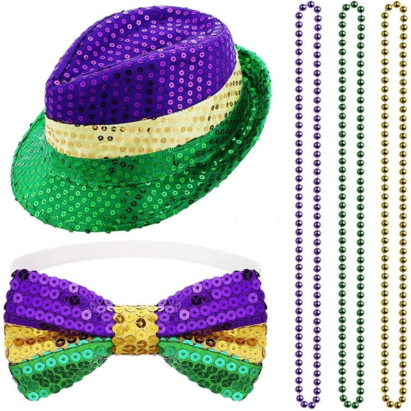 Mardi Gras Costumes 5 Pieces Mardi Gras Costumes Accessories Set Party Favors Sequin Fedora Hat Sequin Bow Tie Colorful Bead Necklace Mardi Gras Costume for Party Decoration Supplies