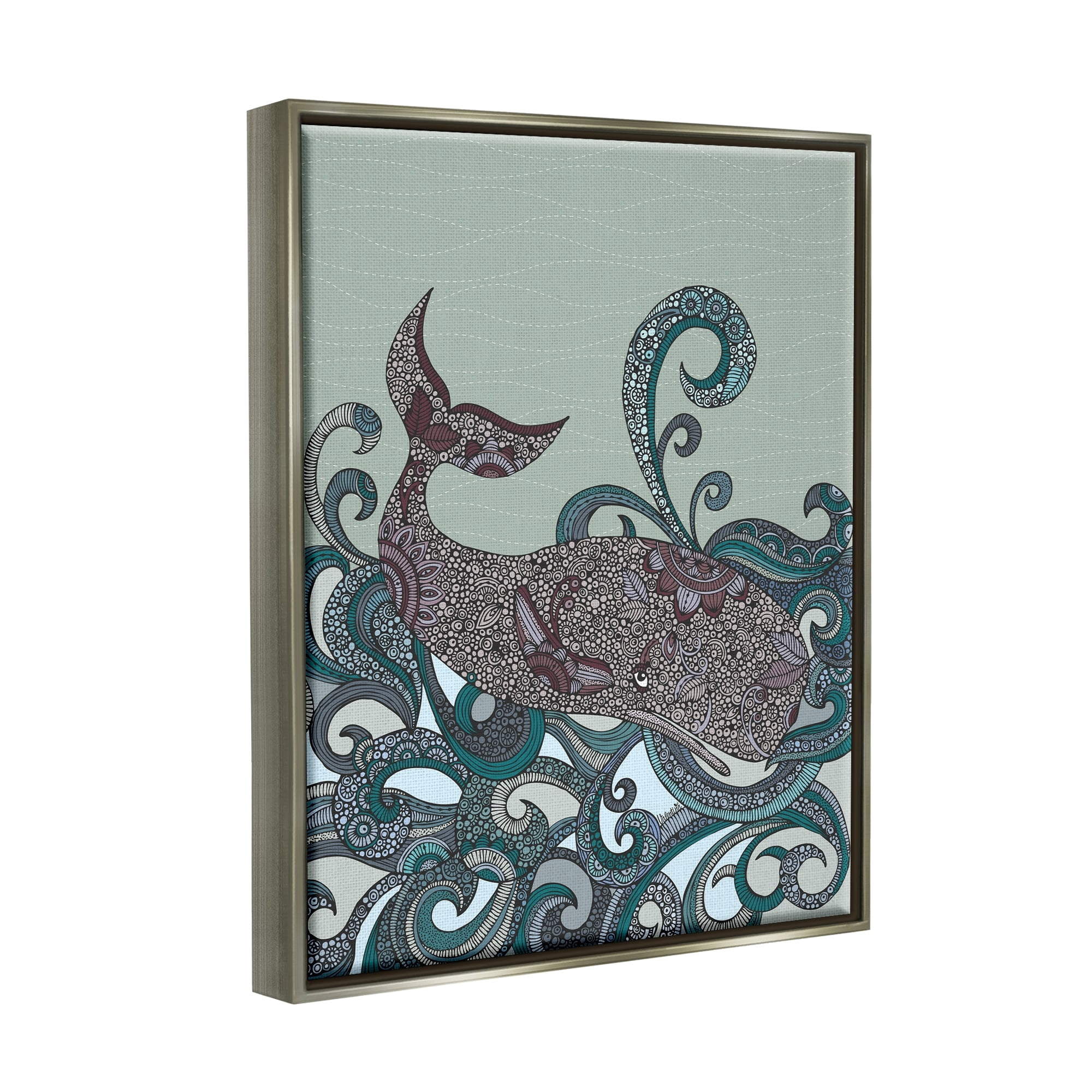 Stupell Industries Nautical Whale Surrounded Intricate Patterned Swirl Shapes Graphic Art Luster Gray Floating Framed Canvas Print Wall Art, Design by Valentina Harper