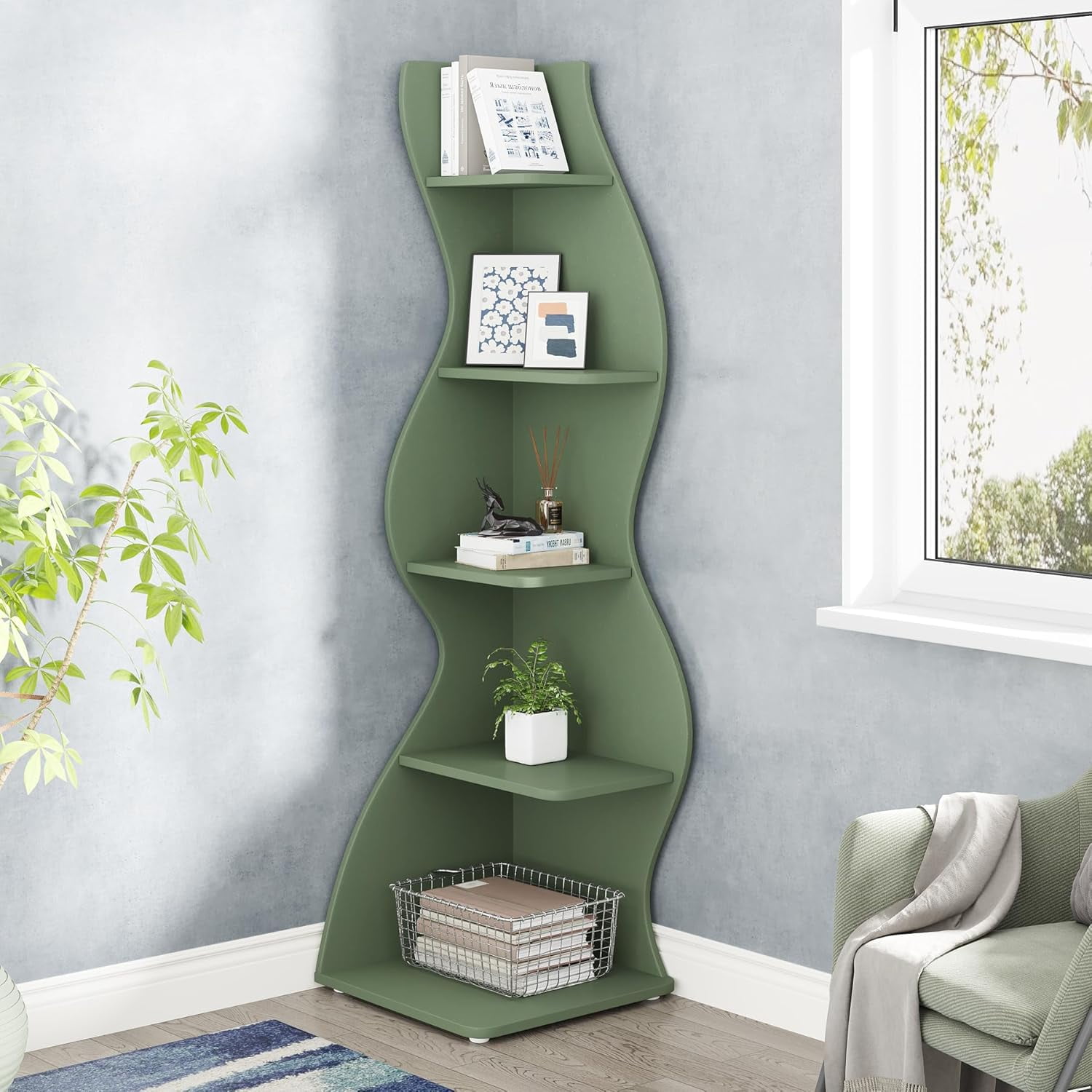 Tribesigns Corner Shelf, 5-Tier Modern Corner Bookshelf Bookcase Plant Stand for Living Room, Home Office (Sage Green)